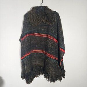 Striped Wool Poncho Fringe Boho Hippie Brown Red OS